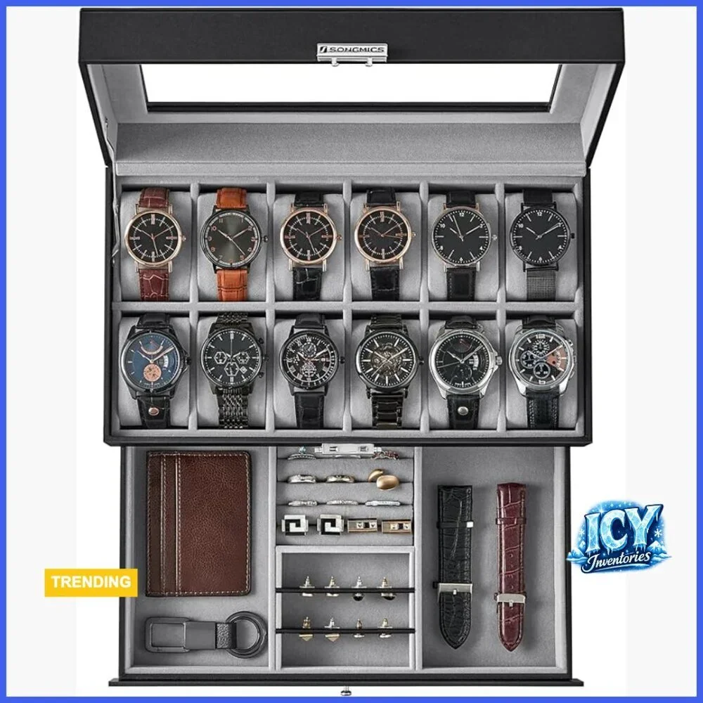 Watch Box Organizer with Glass Lid, 12 Slots, Removable Pillows, Metal Lock